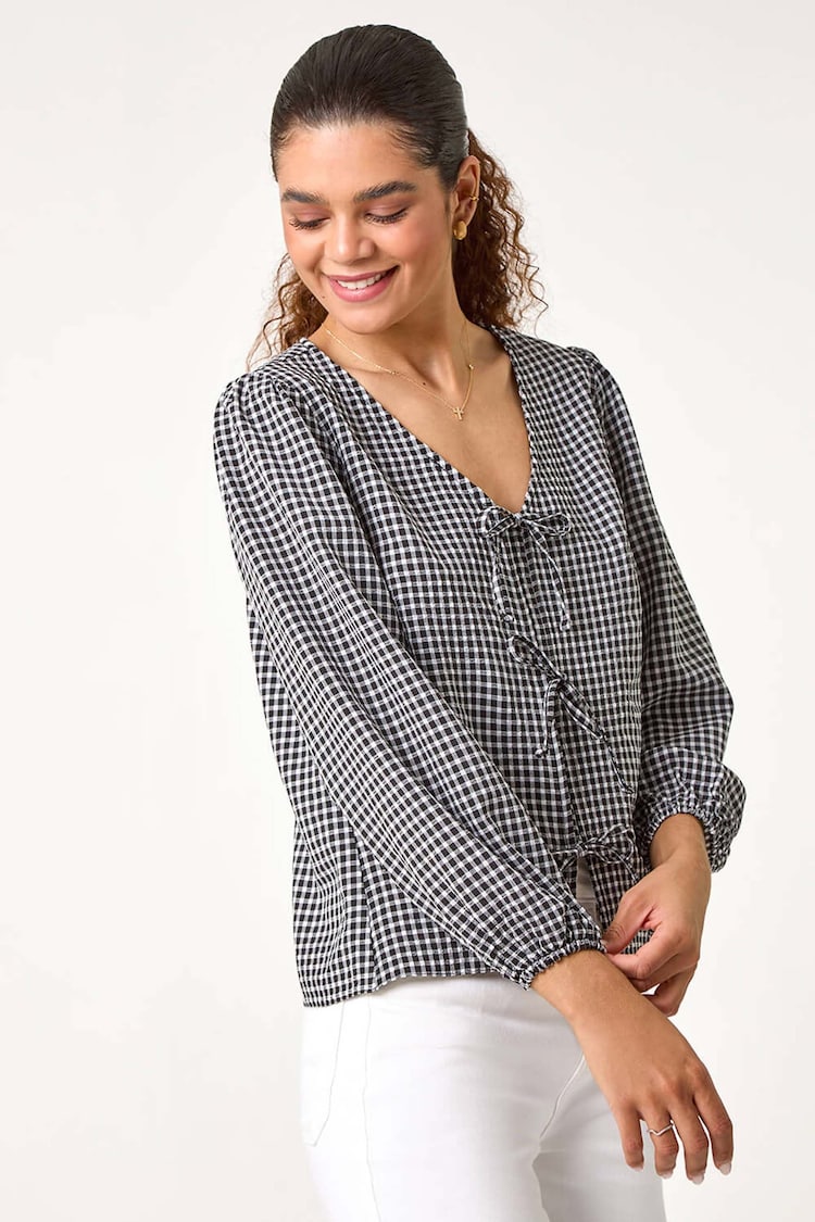 Roman Black Gingham Print Tie Front Woven Top - Image 2 of 5