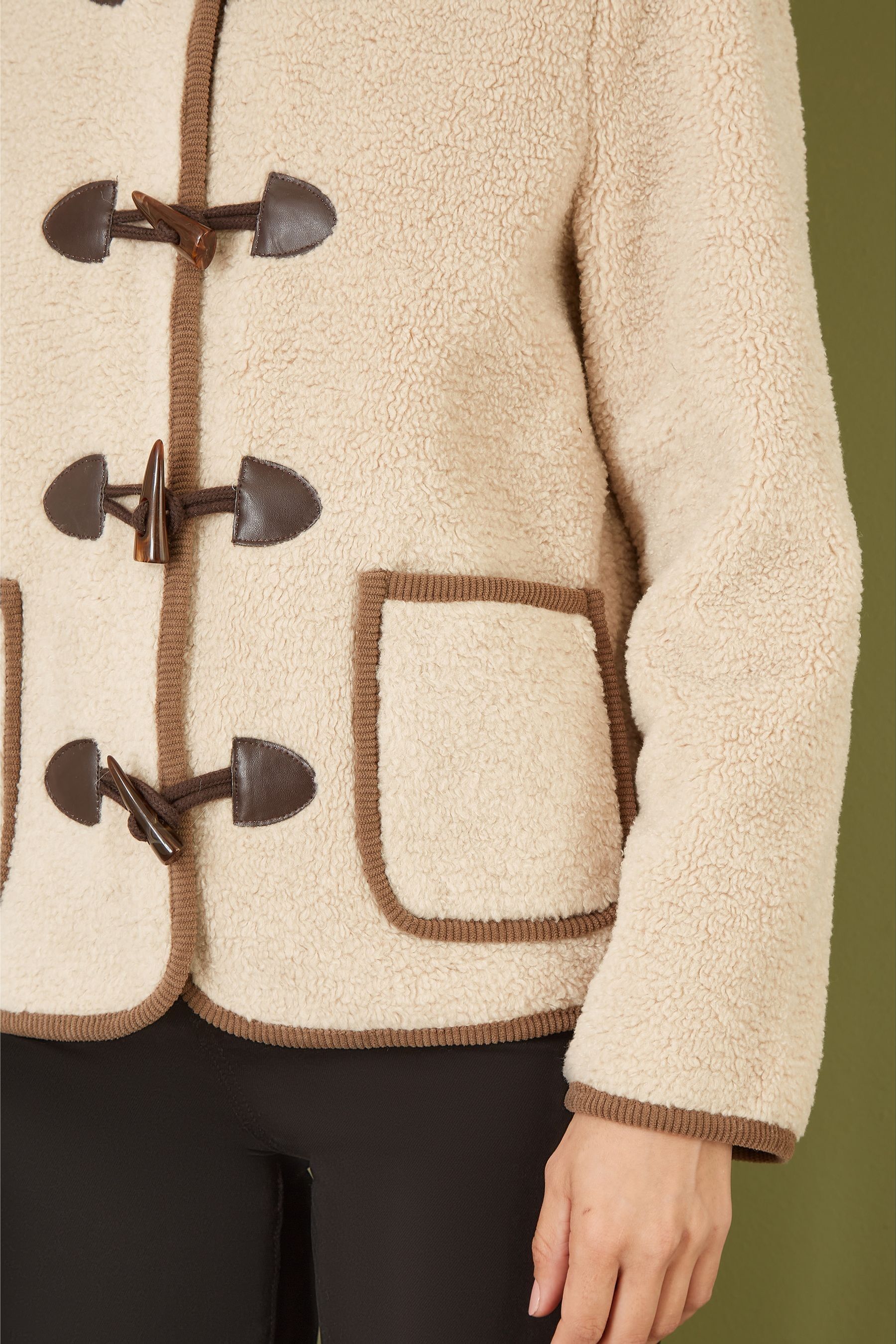 Buy Yumi Cream Borg Jacket With Faux Leather Button Details from Next Luxembourg