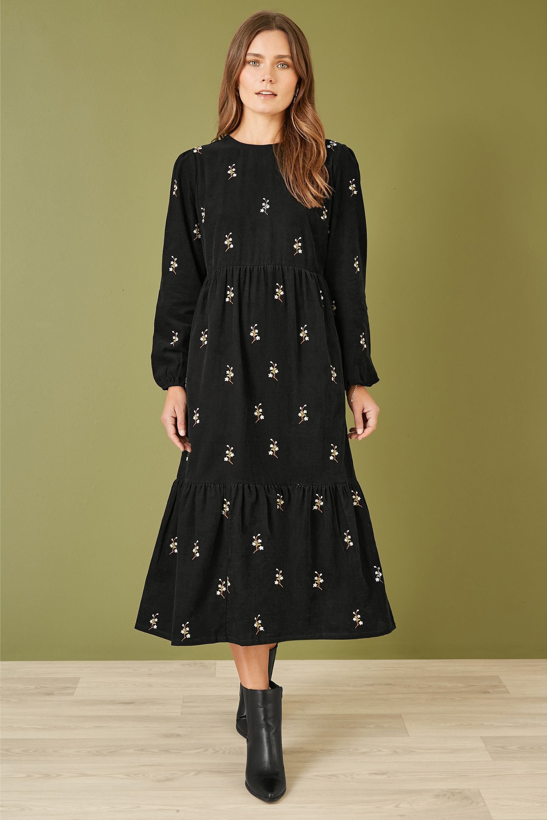 Buy Yumi Black Long Sleeve 100 Cotton Midi Dress With Floral Print Embroidery from Next Luxembourg