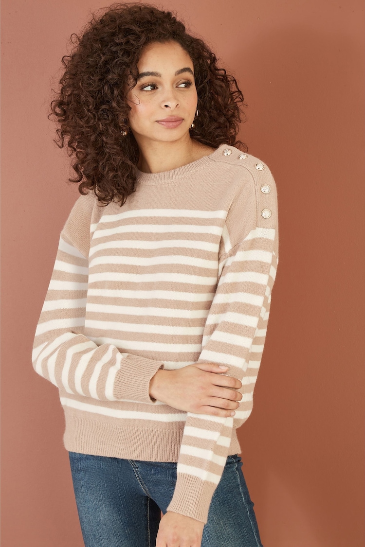 Yumi Brown Stripe Knitted Relaxed Jumper With Button Details - Image 1 of 5