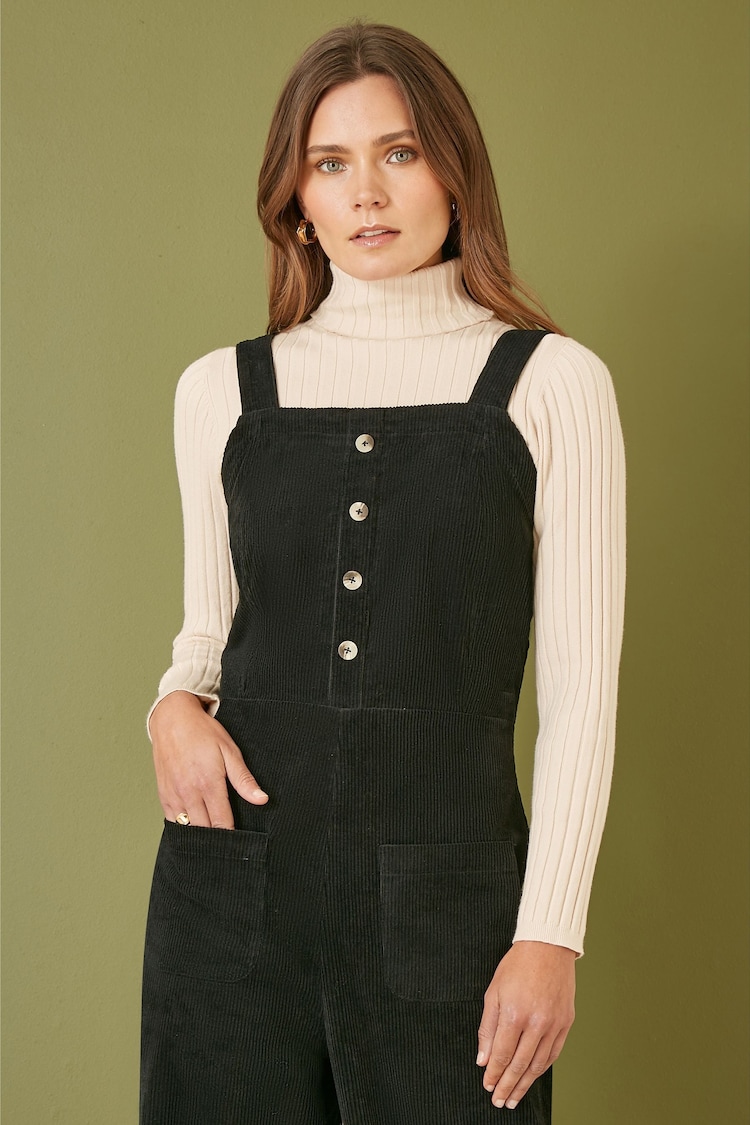 Yumi Black Cord Stretch Dungaree Style Jumpsuit - Image 2 of 4