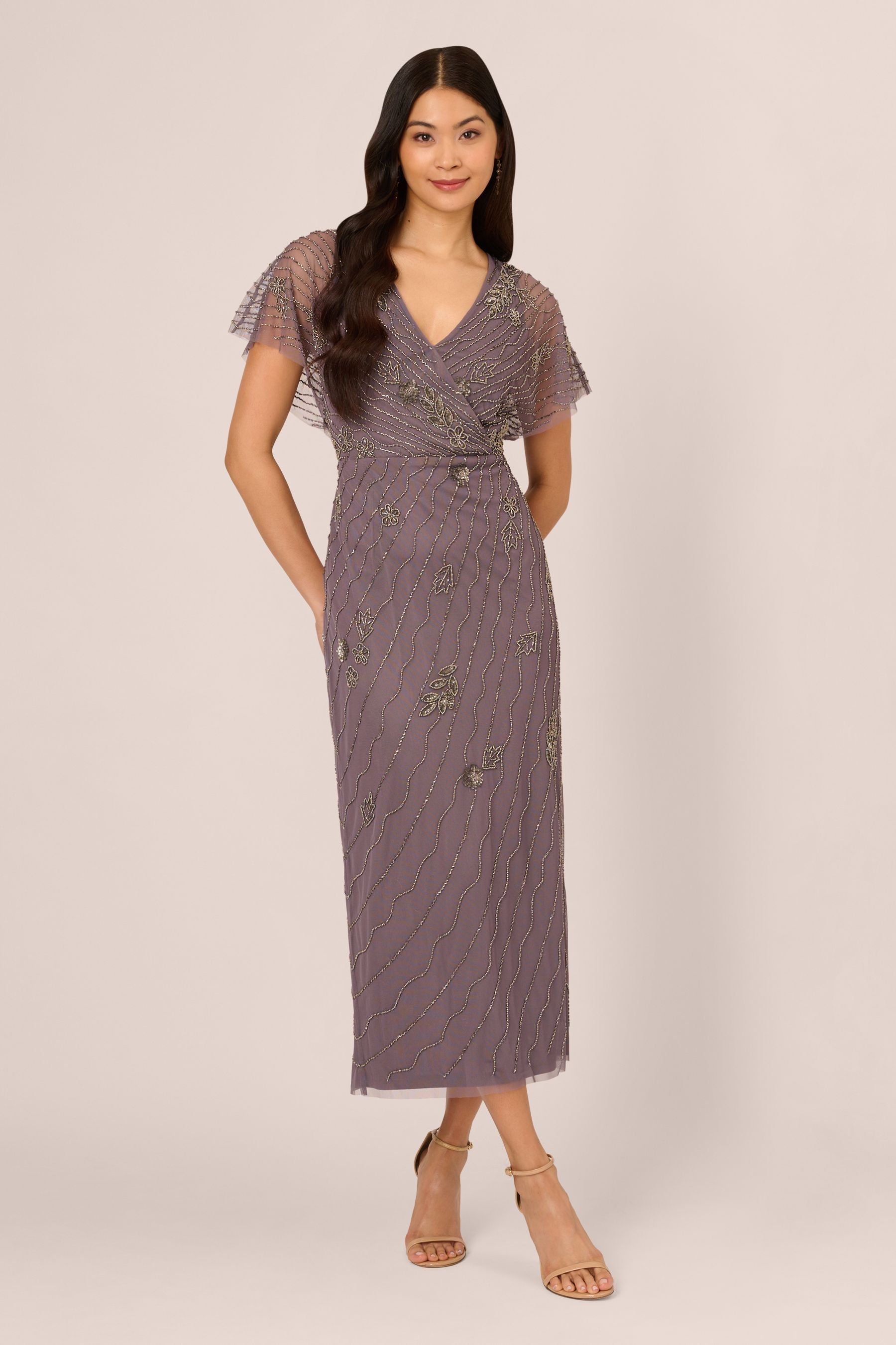 Buy Adrianna Papell Purple Bead Flutter Sleeve Long Dress from Next Luxembourg