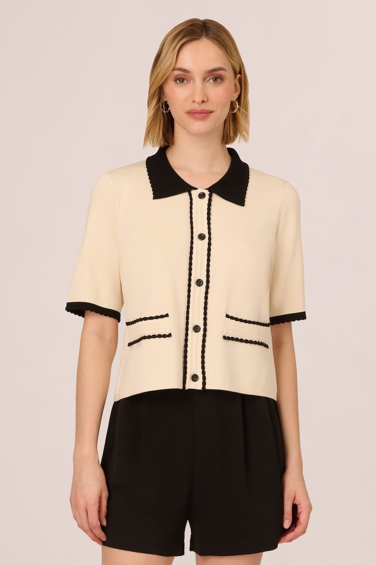 Adrianna Papell Button Front Short Sleeve Sweater With Contrast Collar - Image 1 of 7