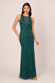 Adrianna Papell Green Studio Bead Halter Long Dress - Image 1 of 7