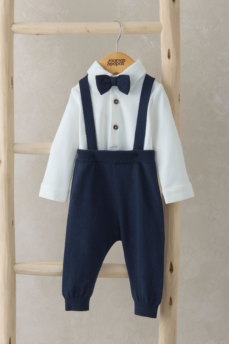 Mamas & Papas Blue 100% Cotton Bow Tie Braces Bodysuit & Trousers Outfit Set - Image 1 of 6