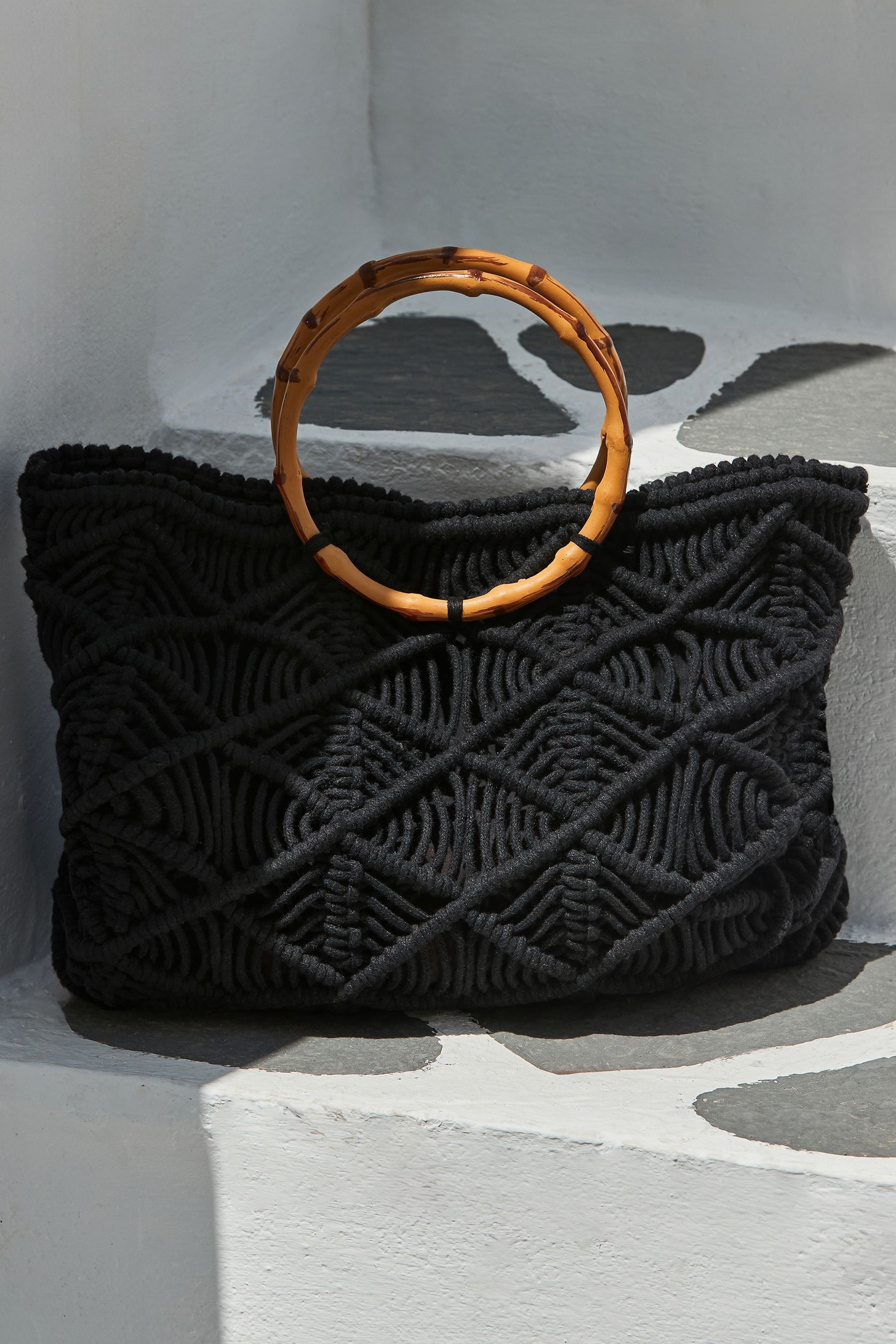 Sosandar Black Macrame Bamboo Hoop Handle Tote Bag one Womens