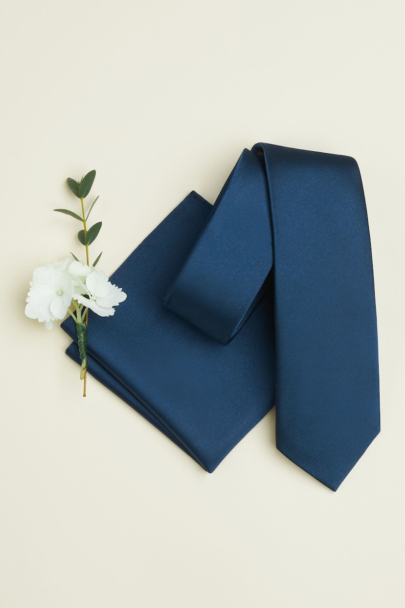 Navy Blue Slim Silk Tie And Pocket Square Set - Image 2 of 6