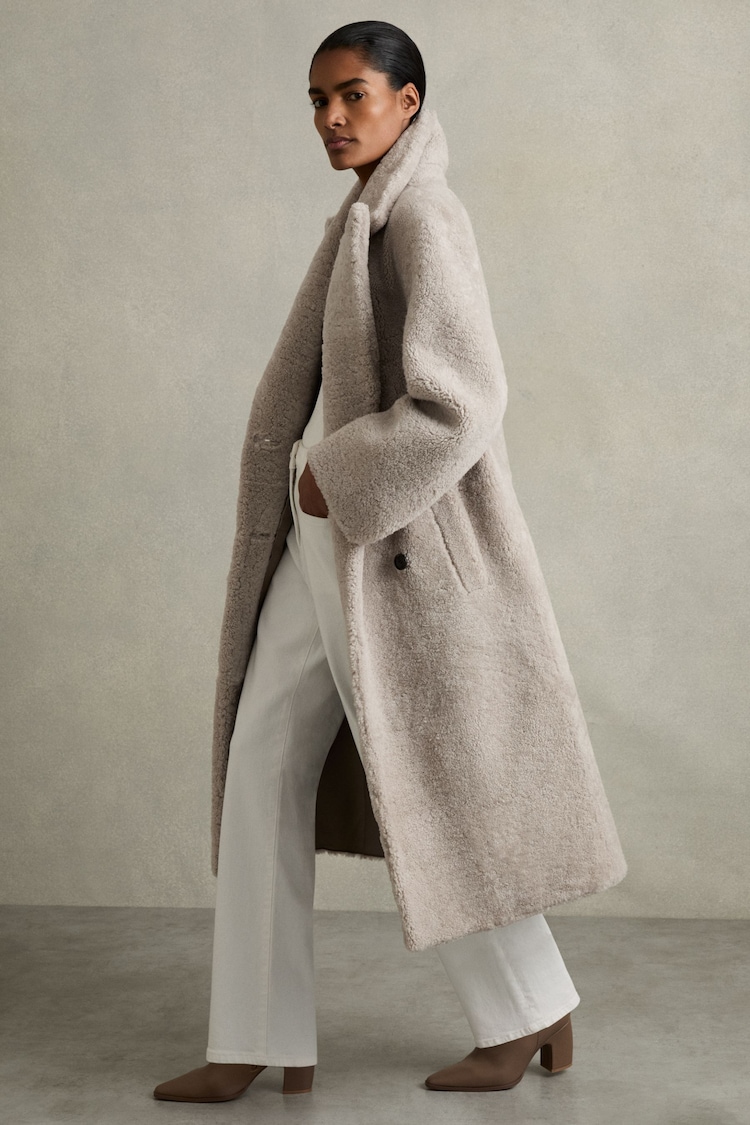 Reiss Neutral Jett Double Breasted Long Shearling Coat - Image 1 of 7