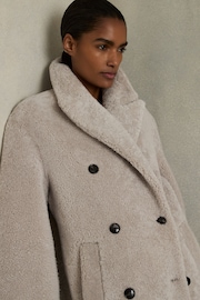 Reiss Neutral Jett Double Breasted Long Shearling Coat - Image 3 of 7