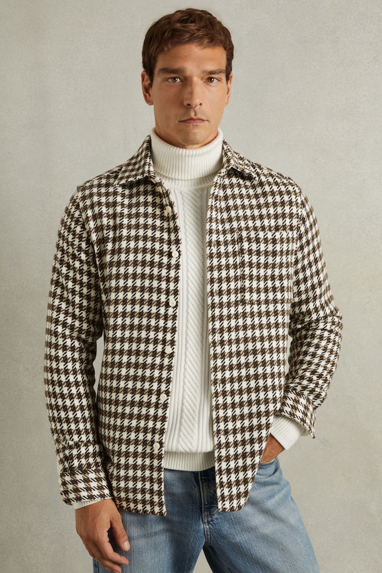 Reiss White/Brown Zonda Dogtooth Overshirt with Wool - Image 1 of 6