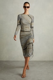 Reiss Black/Olive Riyo Printed Ruched Midi Dress - Image 1 of 7