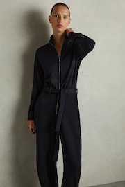 Reiss Navy Nina Belted Loopback-Jersey Jumpsuit - Image 3 of 6