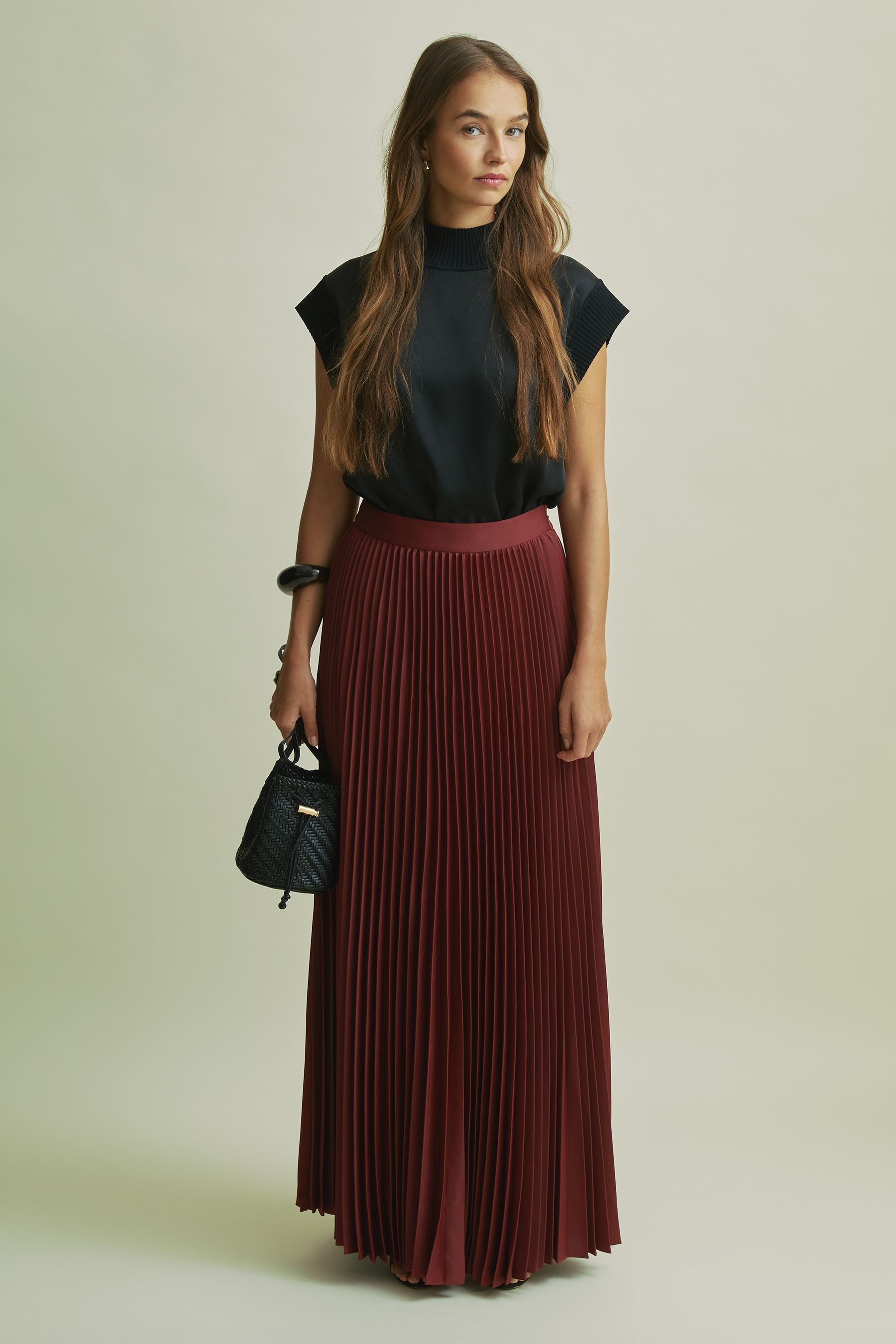 Florere Cinnamon Pleated Satin Maxi Skirt
