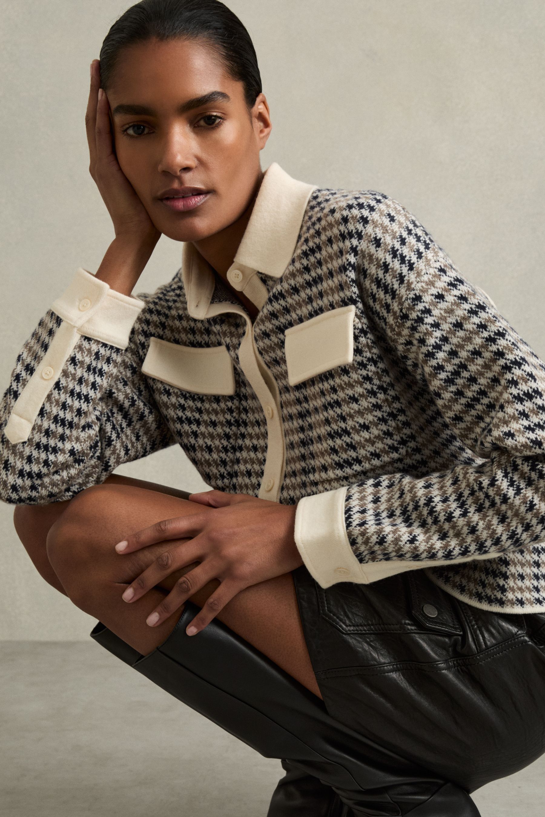 Buy Reiss Navy Camel Margot Wool Cashmere Houndstooth Cardigan from Next Malta