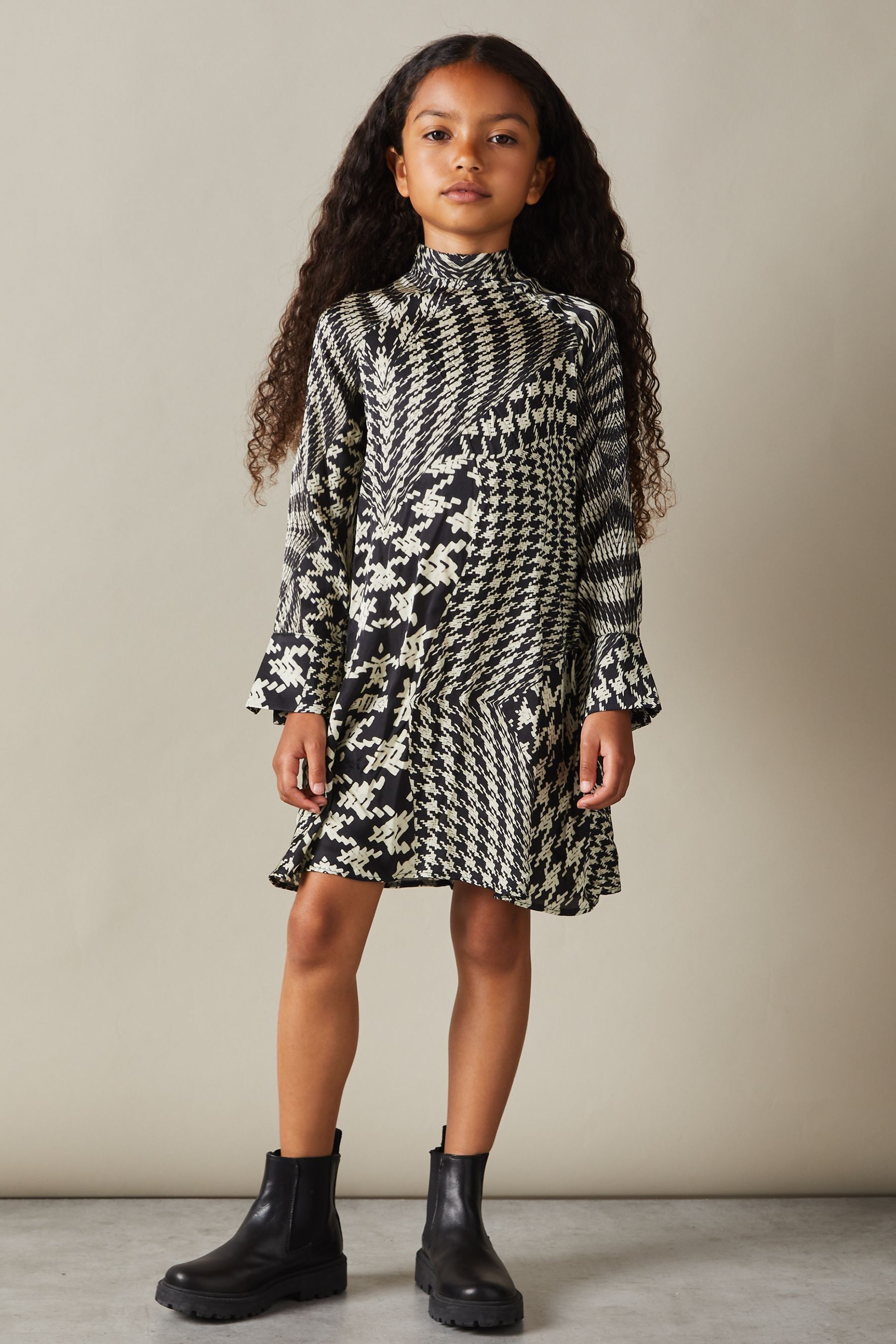 Reiss Black Cream Ester 4 9 yrs Dogtooth Flared Hem Dress