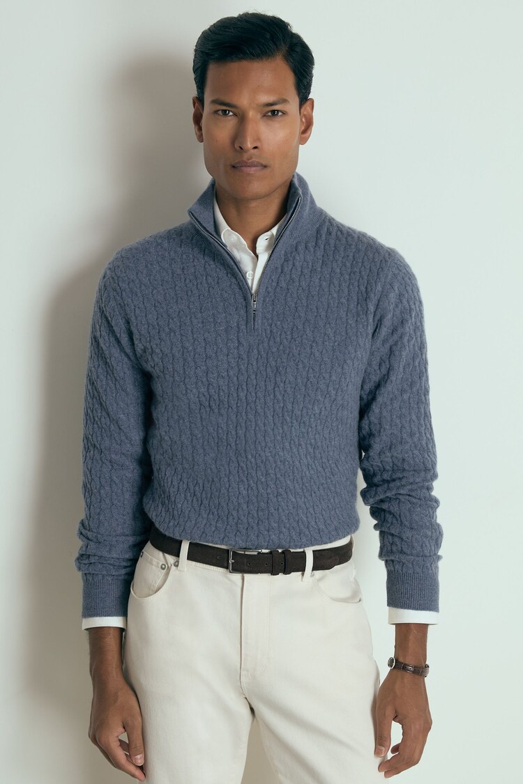 Reiss Airforce Blue Melange Richmond Atelier Cabled Cashmere Zip Neck Jumper - Image 1 of 6