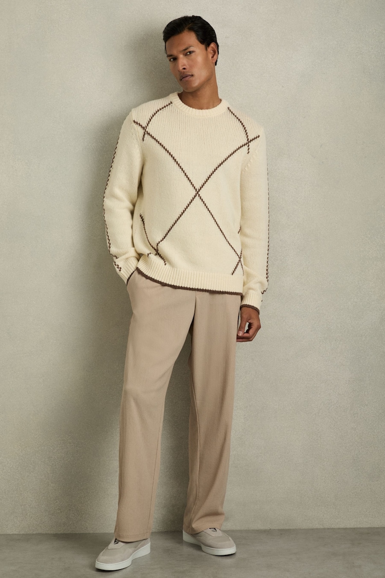 Reiss White/Brown Parvey Wool-Blend Embroidered Jumper - Image 1 of 6