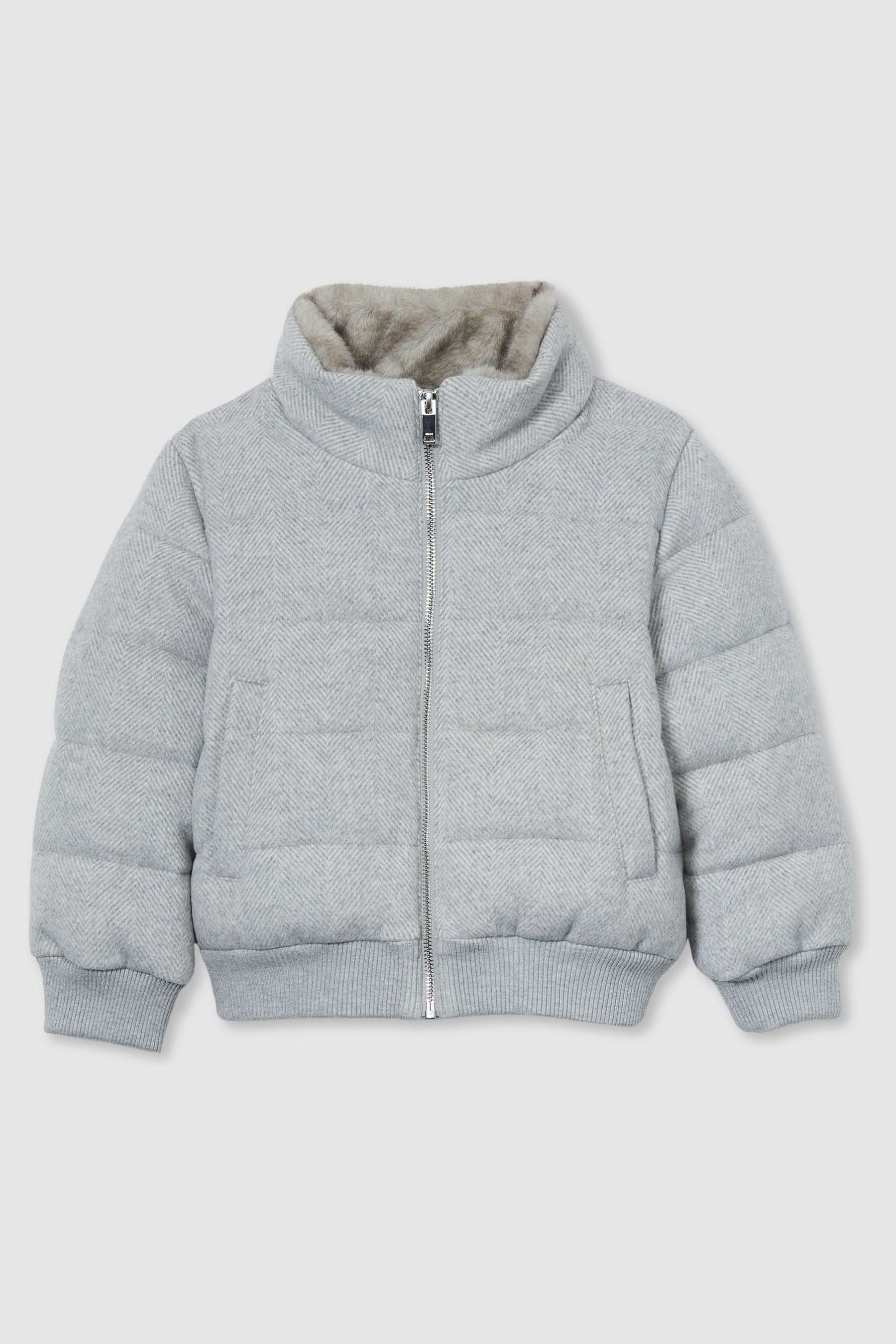 Buy Reiss Soft Grey Melange Farid Herringbone Faux Fur Collar Puffer Jacket from the Next UK online shop