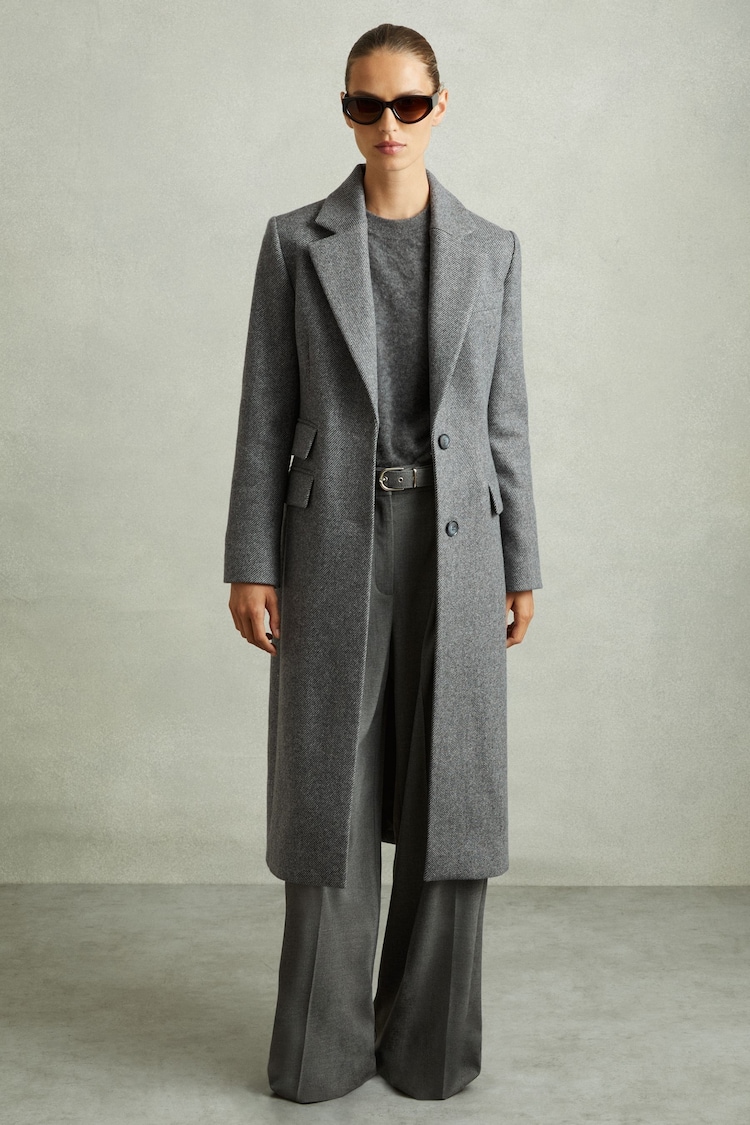 Reiss Grey Amalia Wool-Blend Serge Longline Coat - Image 1 of 6