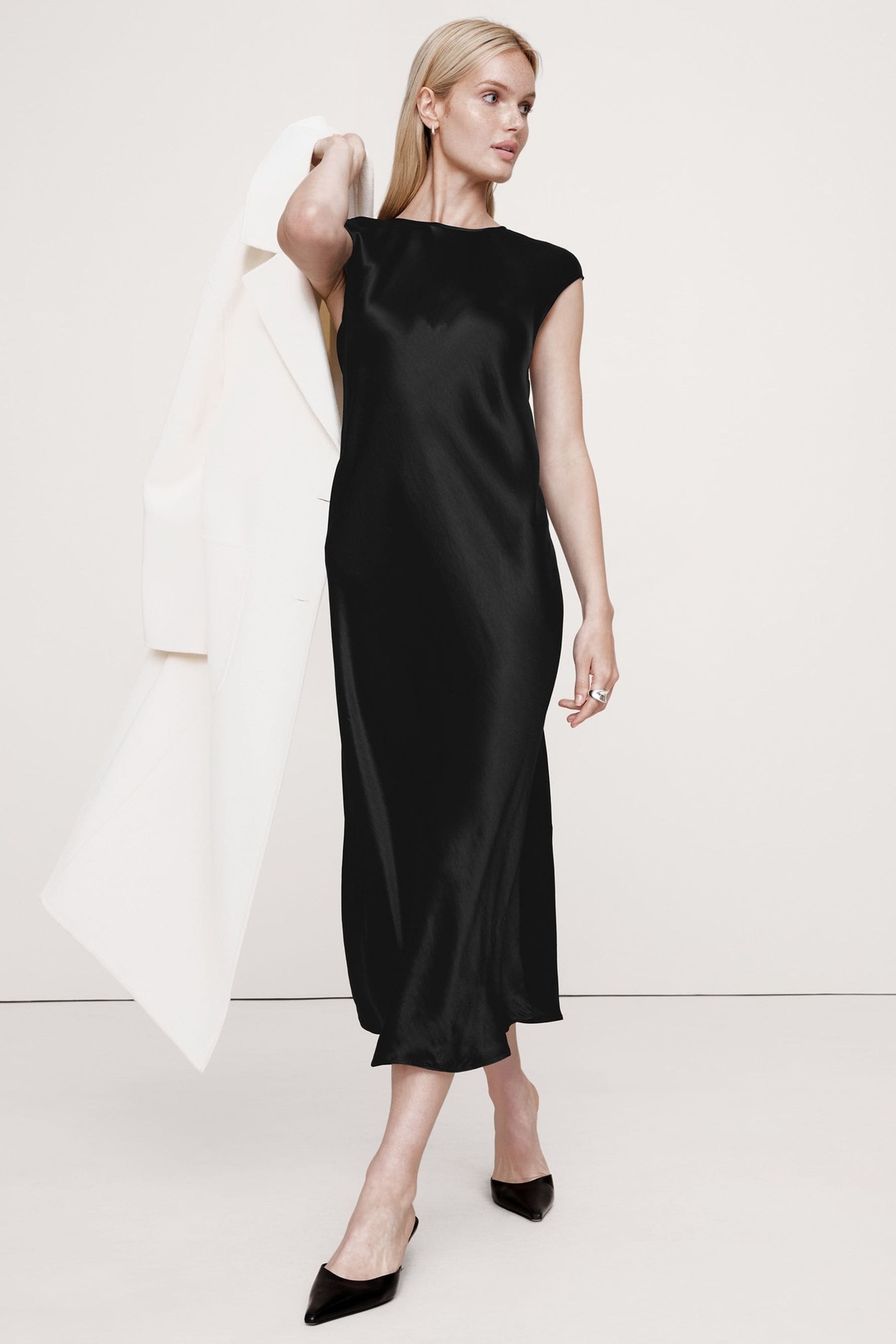 Banana Republic Black Bias Cut Satin Midi Dress