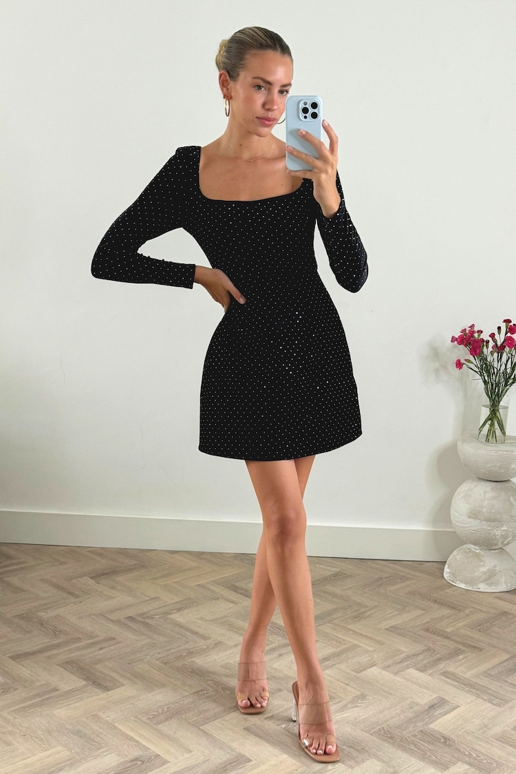 Style Cheat Black Rita Square Neck Mini Dress in Velvet Hot Fix - Image 1 of 4