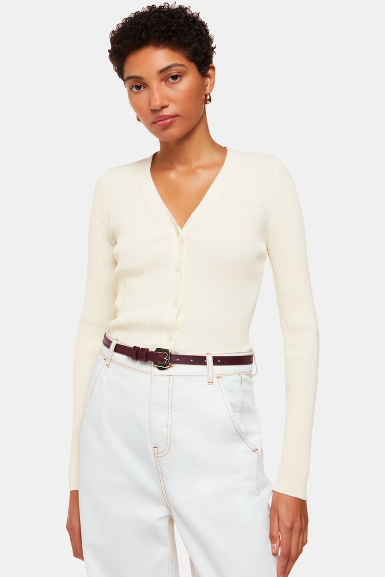 Whistles White Ribbed V-Neck Cardigan - Image 1 of 5