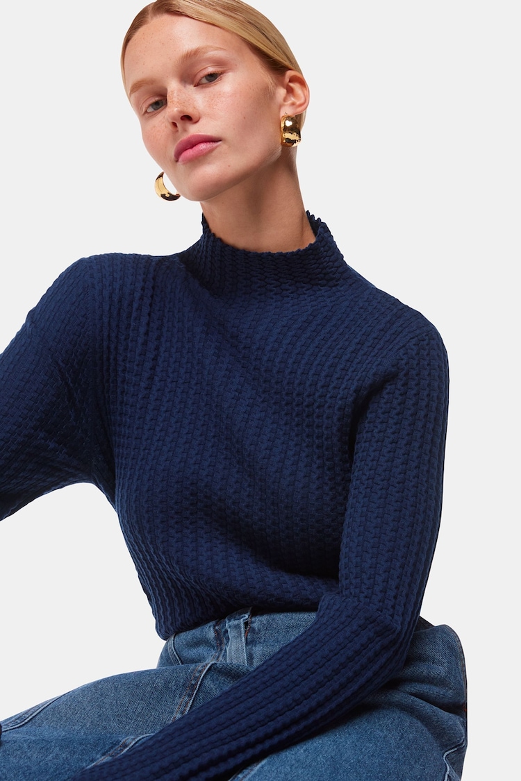 Whistles Blue Textured Detail High Neck Knit Jumper - Image 1 of 5