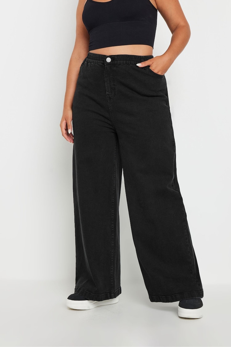 Yours Curve Black Wide Leg Pull On Puddle Jeans - Image 1 of 5