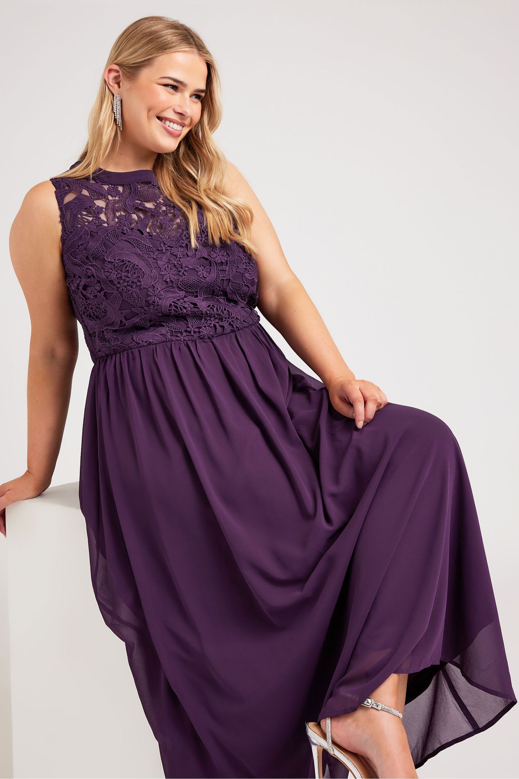 Yours Curve Purple London Lace Front Maxi Dress 20 Womens