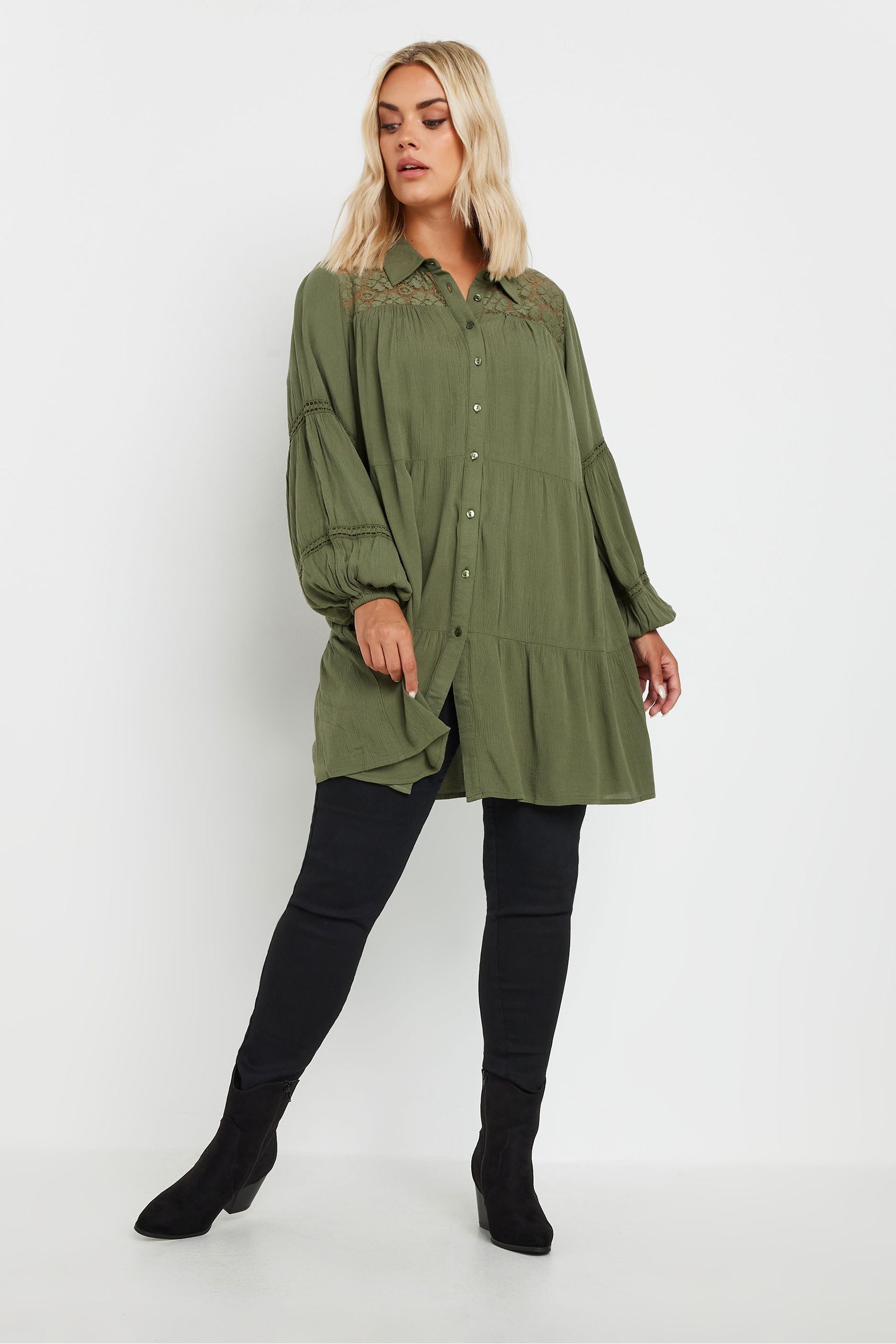 Buy Yours Curve Green Boho Long Sleeve Tiered Shirt from Next Luxembourg