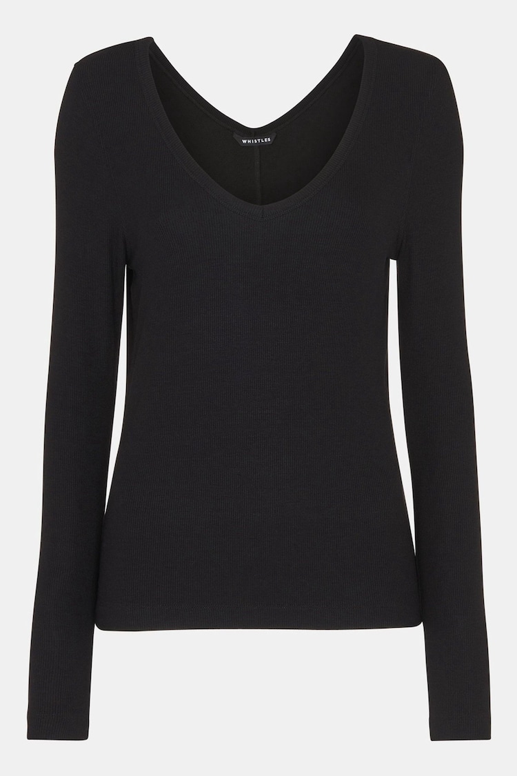 Whistles Black Essential Ribbed V-Neck T-Shirt - Image 5 of 5