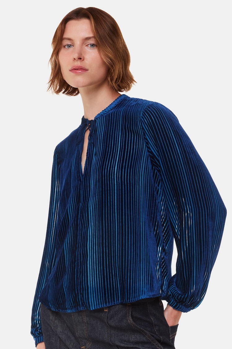 Whistles Blue Devore Stripe Velvet Blouse - Image 1 of 5