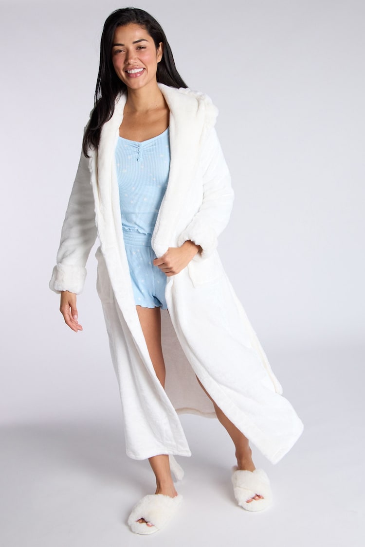 Boux Avenue Cream Cut Fur Trim Plush Long Robe - Image 6 of 6