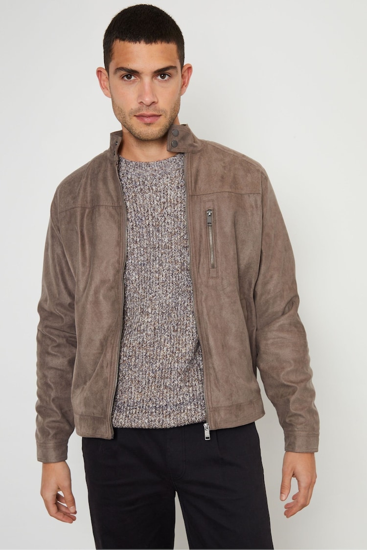 Threadbare Brown Faux Fur Suede Racer Jacket - Image 1 of 4