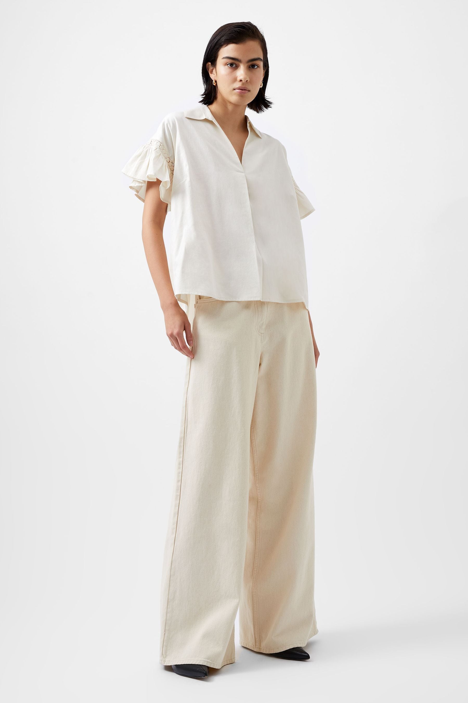 French Connection Cream Sindey Cotton Short Sleeve Shirt xlarge Womens