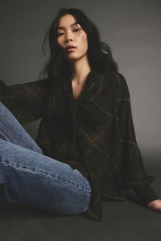 Black Check Tartan Long Sleeve Tie Neck Blouse - Image 5 of 9