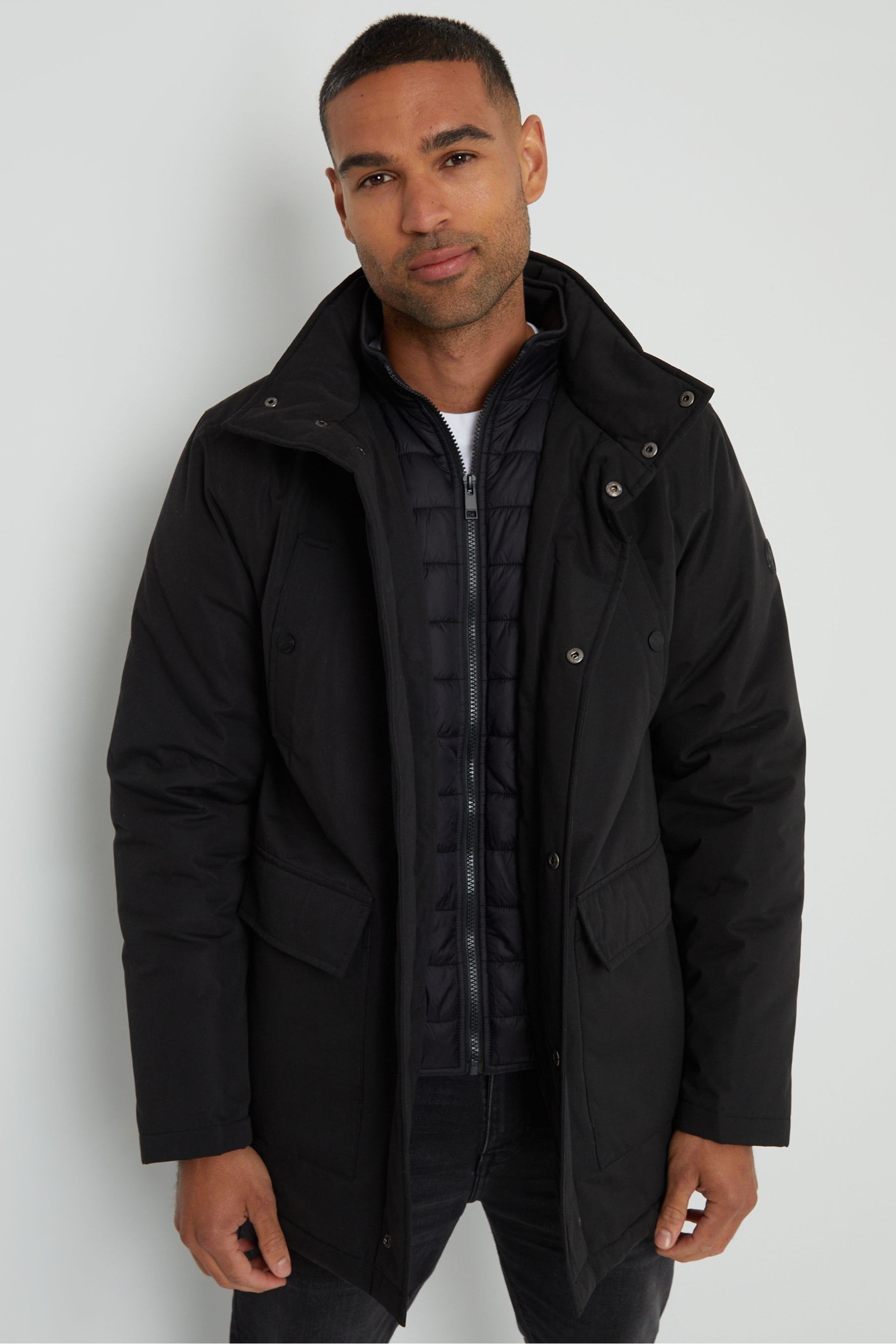 Threadbare Black Showerproof Funnel Neck Mock Layer Coat