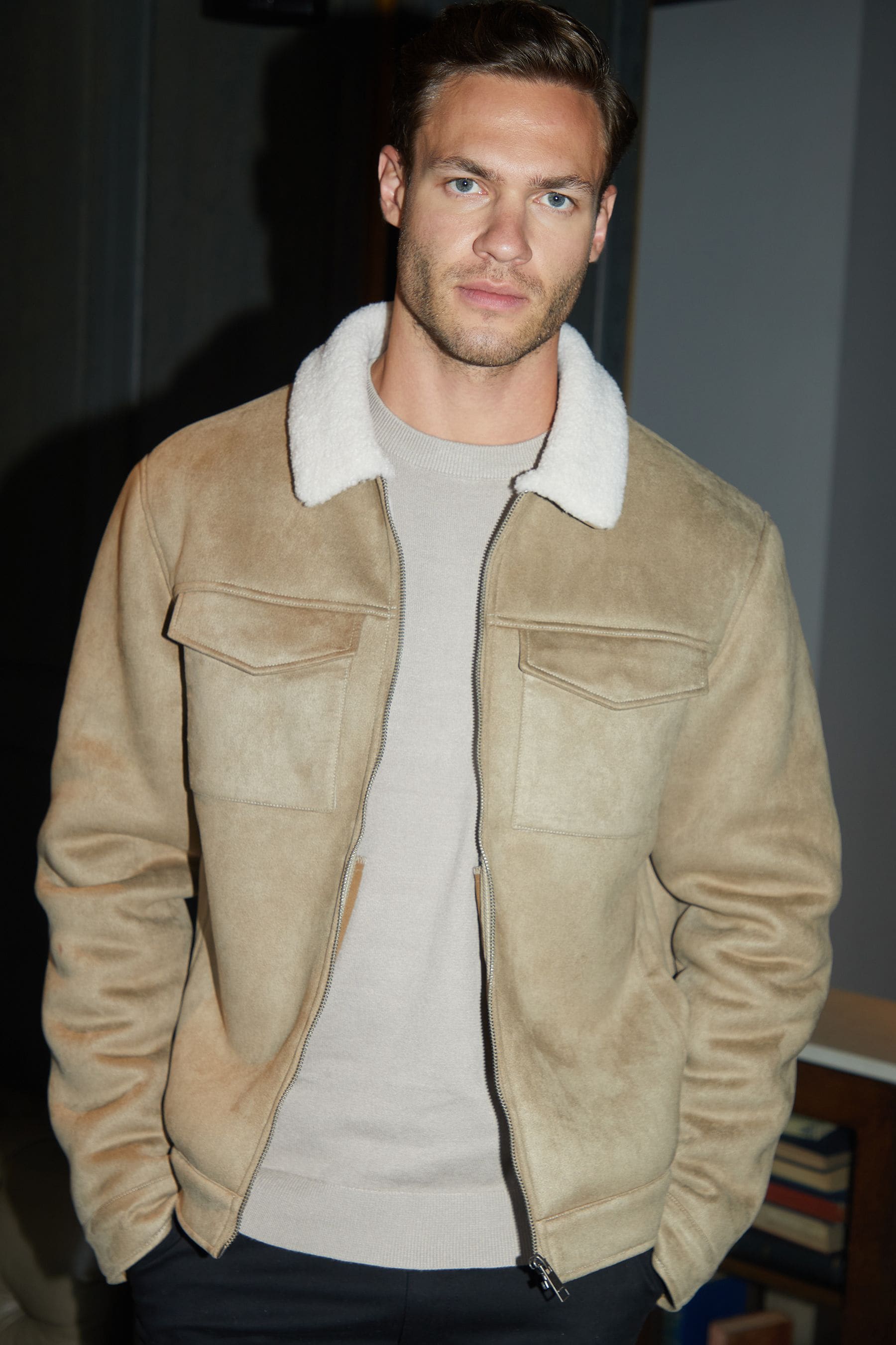 Threadbare Neutral Faux Fur Suede Borg Lined Aviator Jacket Medium Mens
