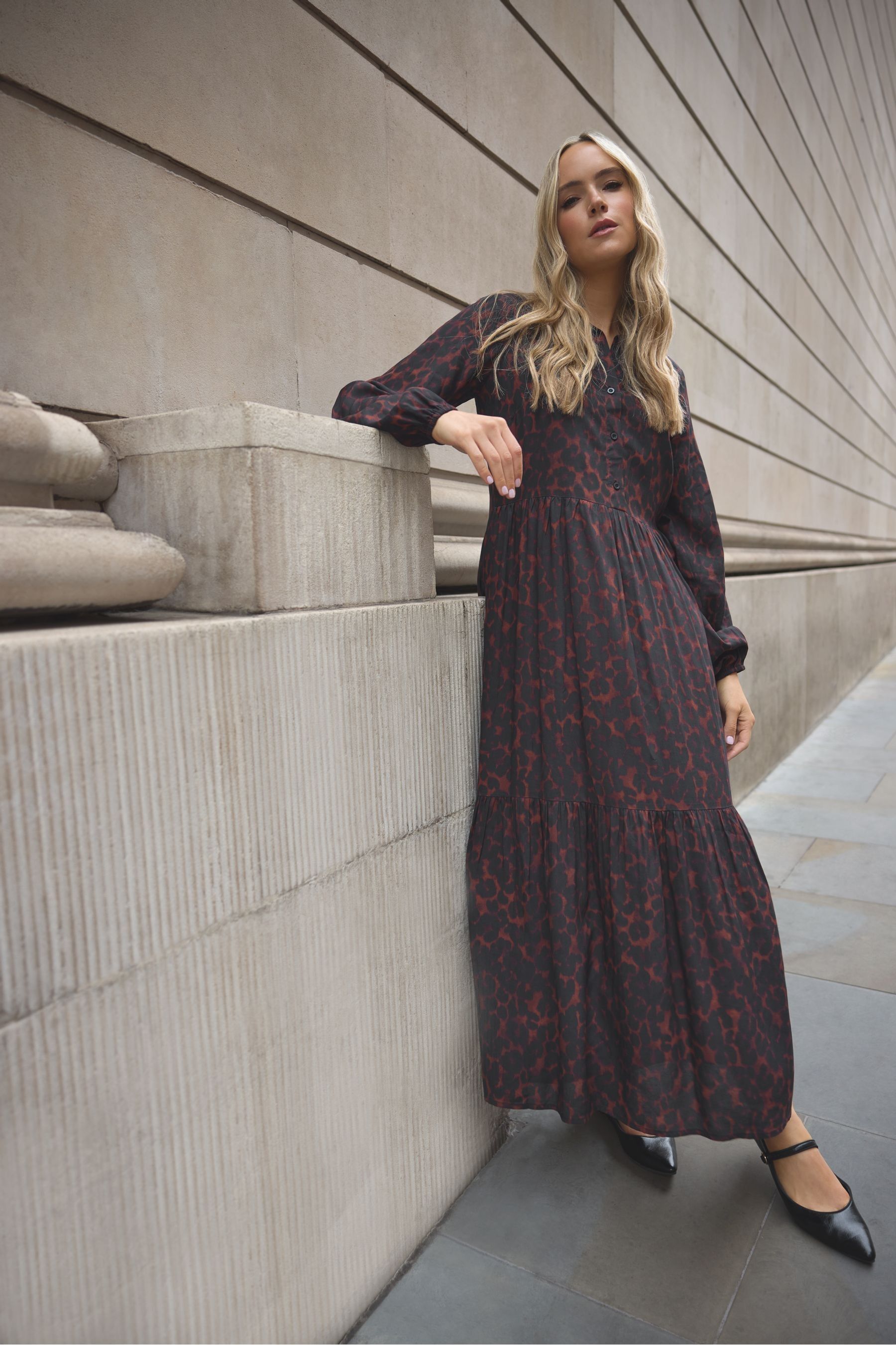 Long sleeve tiered smock dress cheap
