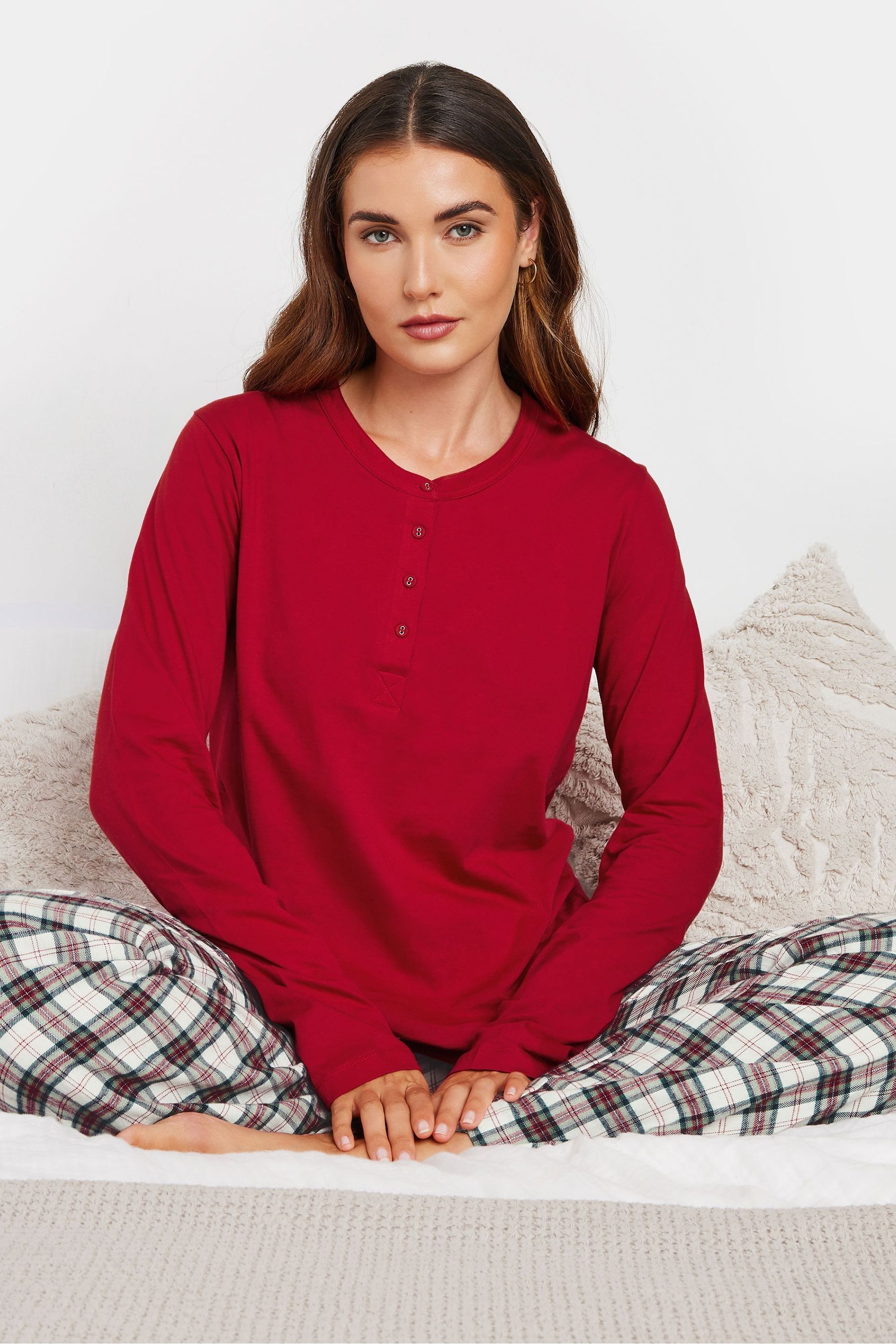 Long Tall Sally Red Long Sleeve Placket 100 Cotton Pyjamas Top 14 16 Tall Womens