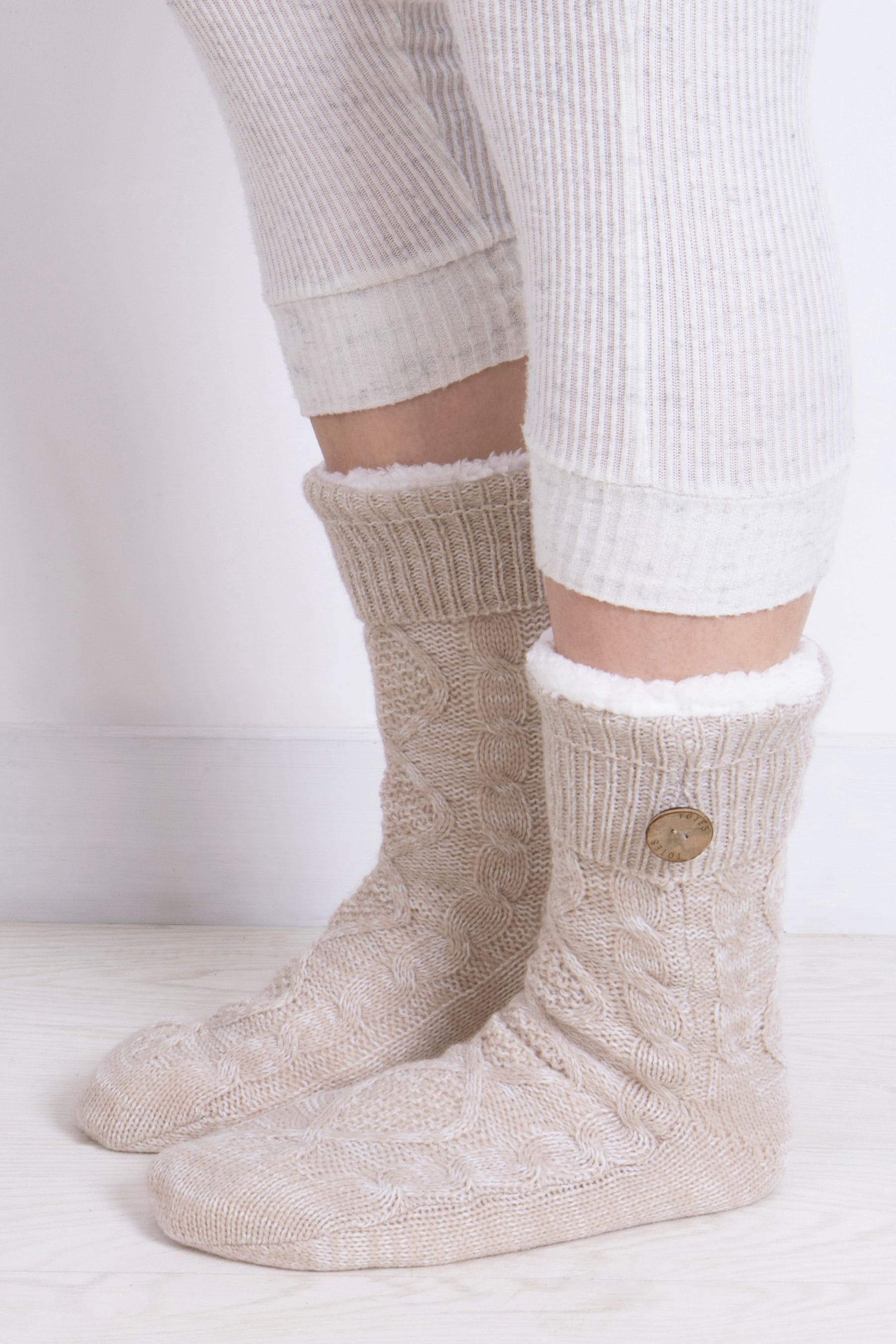 Buy Totes Natural Ladies Knit Slipper Socks with Button from the Next UK online shop