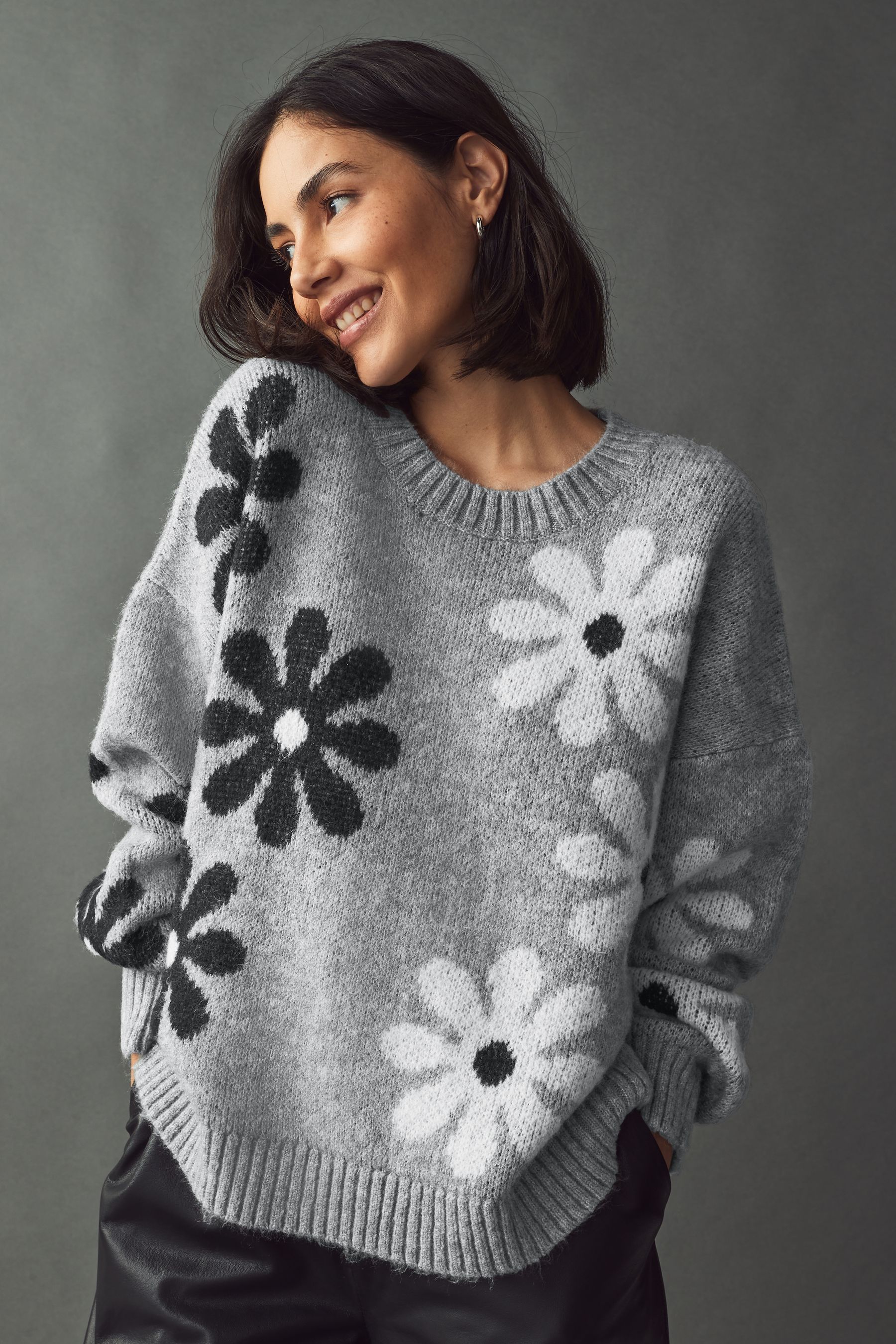 Buy Grey Floral Graphic Pattern Knitted Jumper from Next Oman