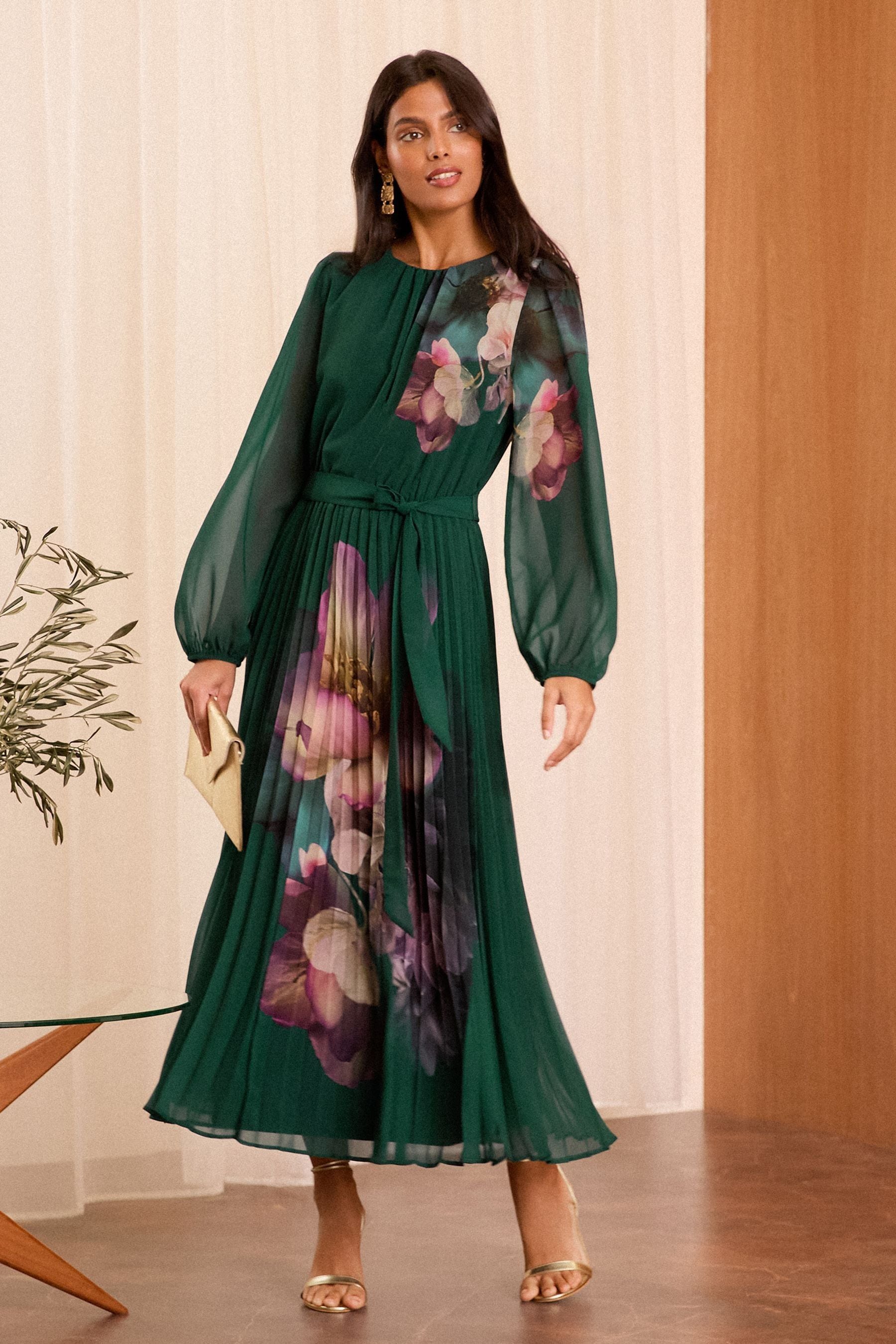 Pleated long sleeve midi dress 2025