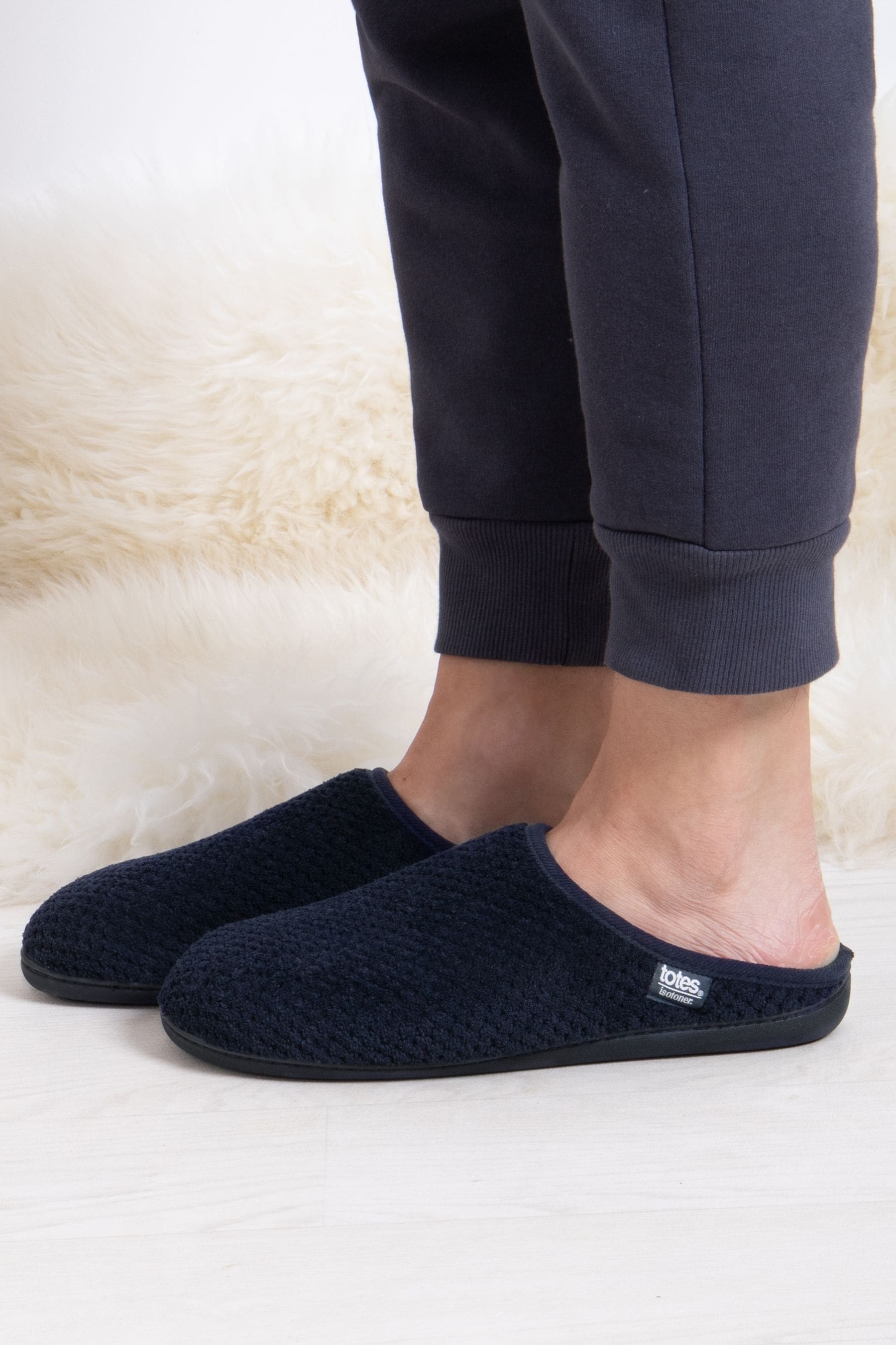 Buy Totes Blue Mens Isotoner Swept Back Popcorn Mule Slippers from Next Luxembourg