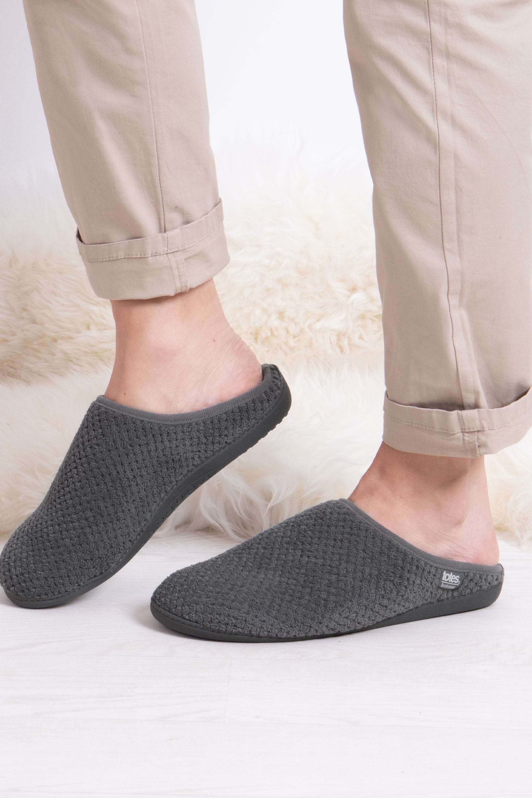 Buy Totes Grey Mens Isotoner Swept Back Popcorn Mule Slippers from Next Luxembourg