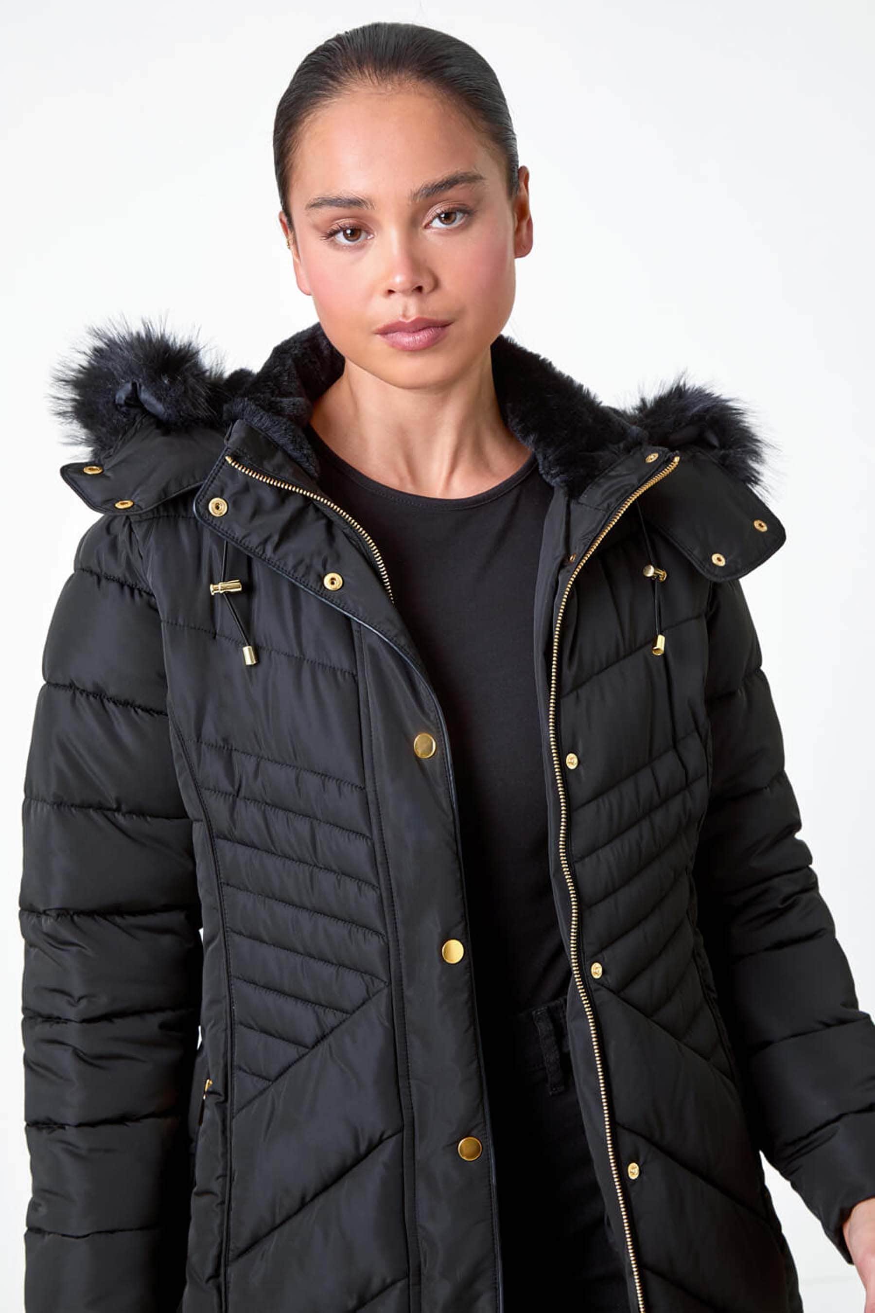 Quilted coat with faux fur hood hot sale