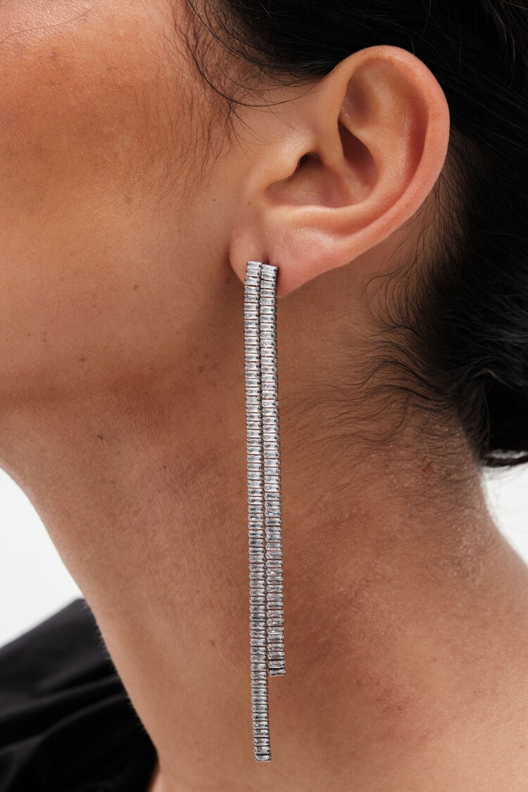 Mood Silver Tone Crystal Baguette Drop Earrings - Image 2 of 3