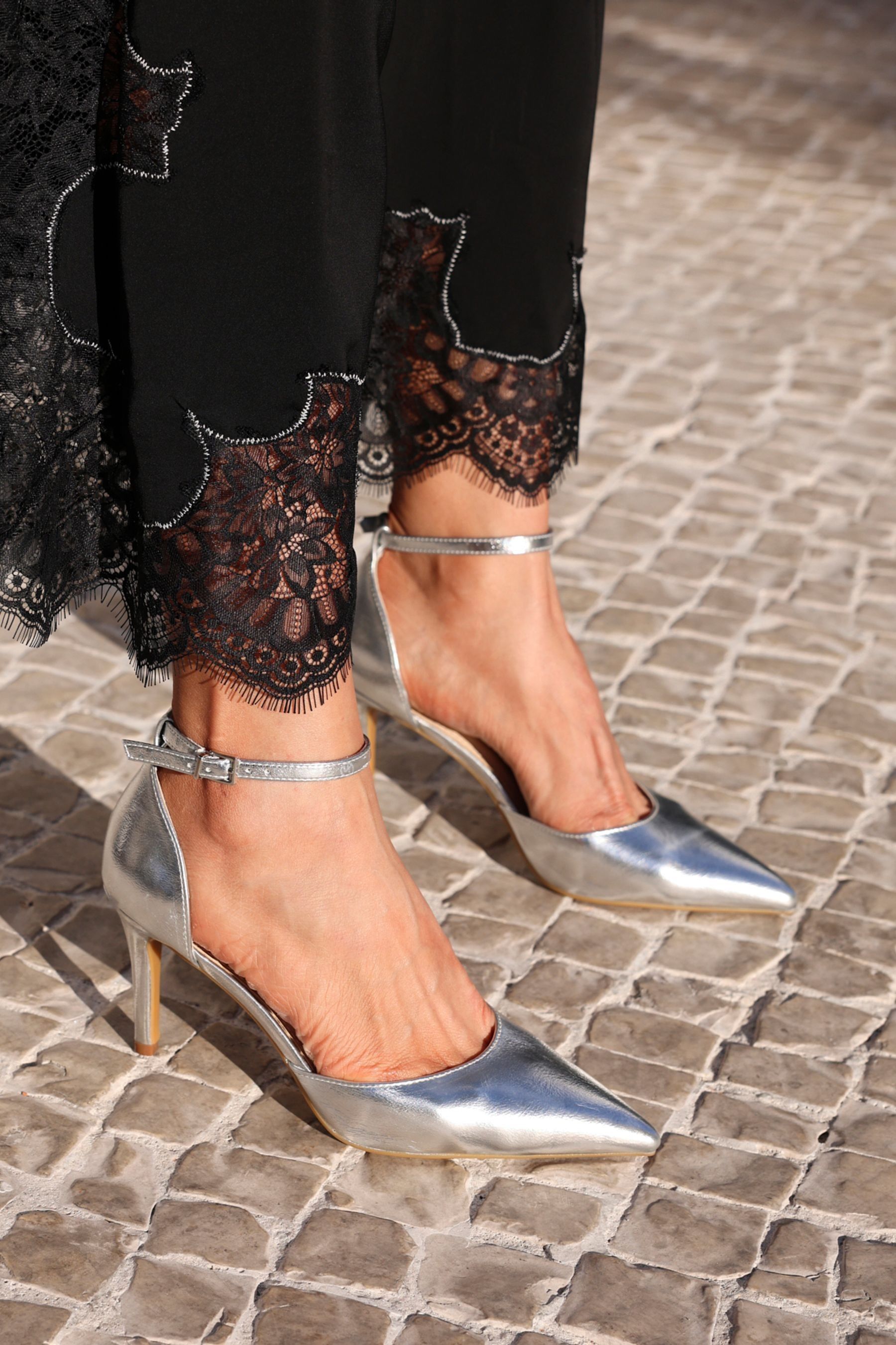 Silver ankle heels clearance