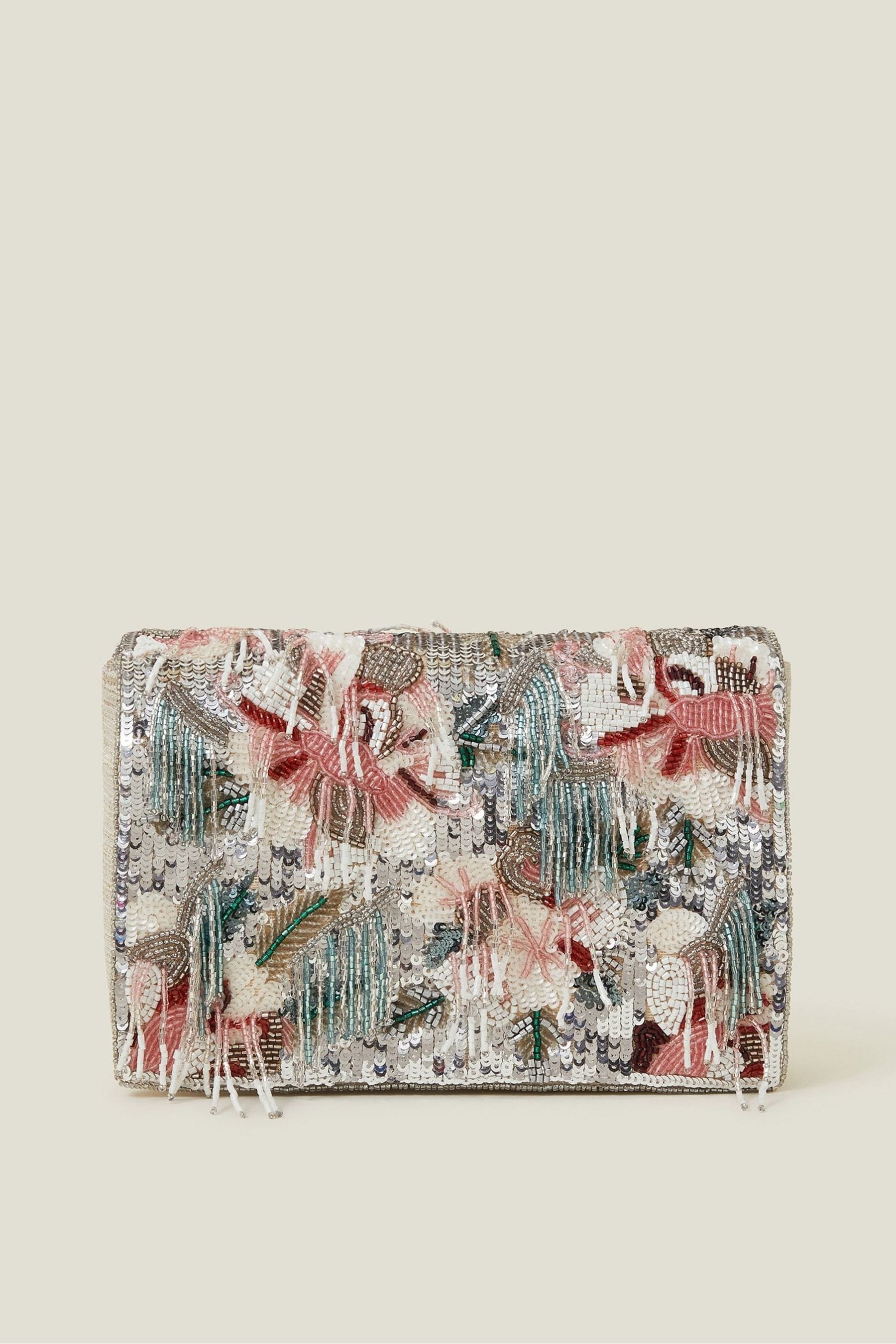 Accessorize Blue Cream Floral Embroidered Tassel Clutch Bag one Womens