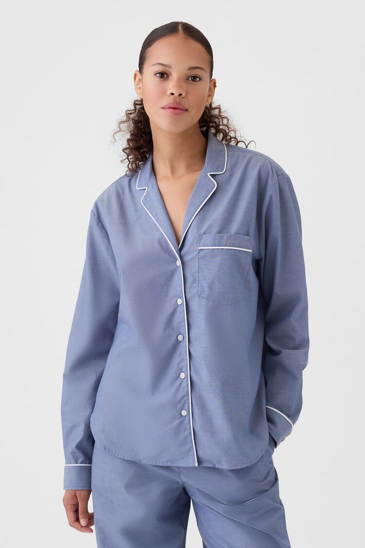 Gap Blue Poplin Pyjama Notch Collar Shirt - Image 1 of 4